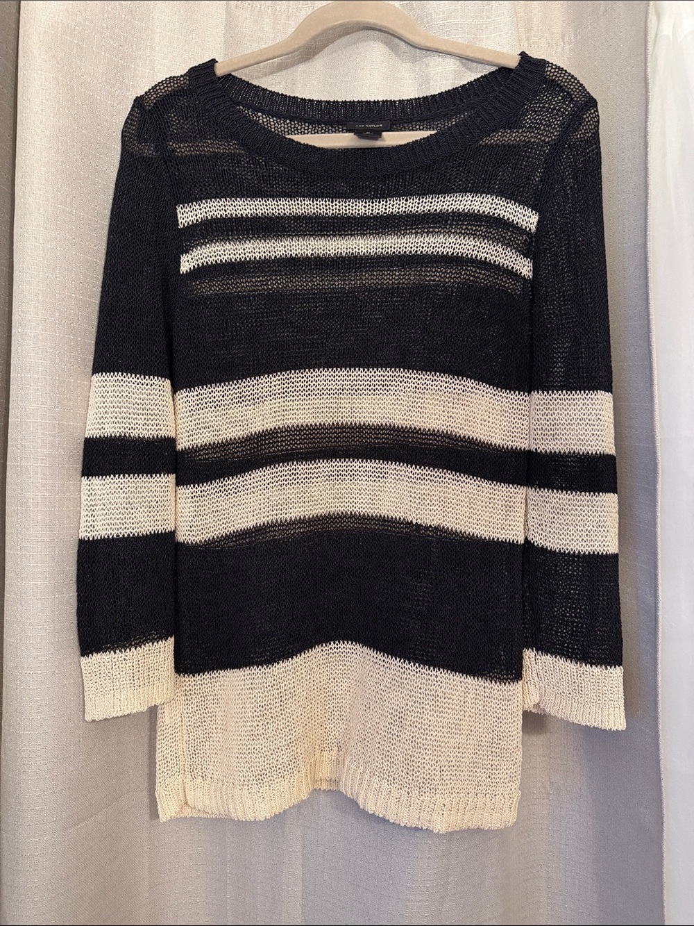 Ann Taylor Black & Cream Striped Open-Knit Boatneck Sweater